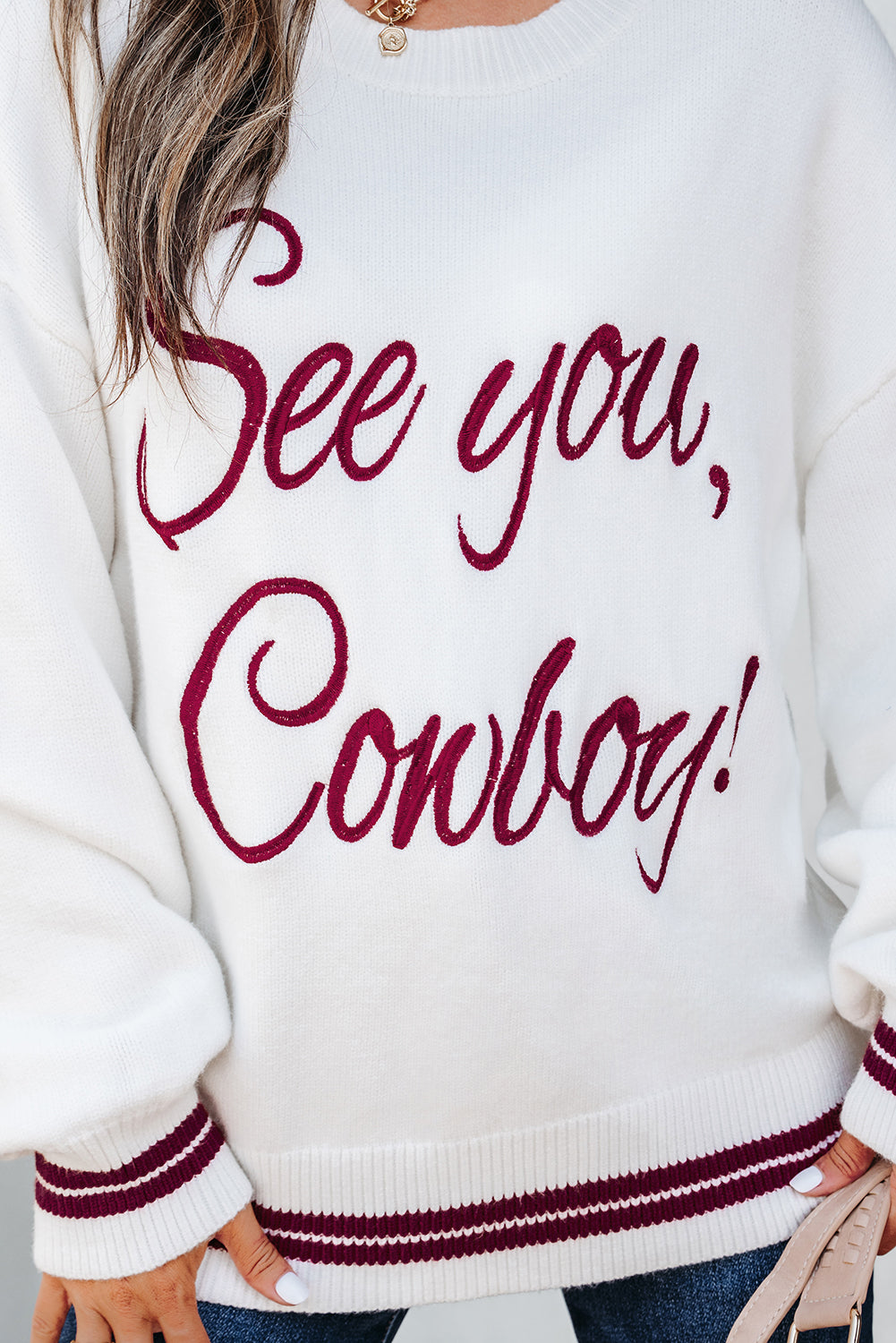 White "See You Cowboy" Embroidered  Graphic Sweater