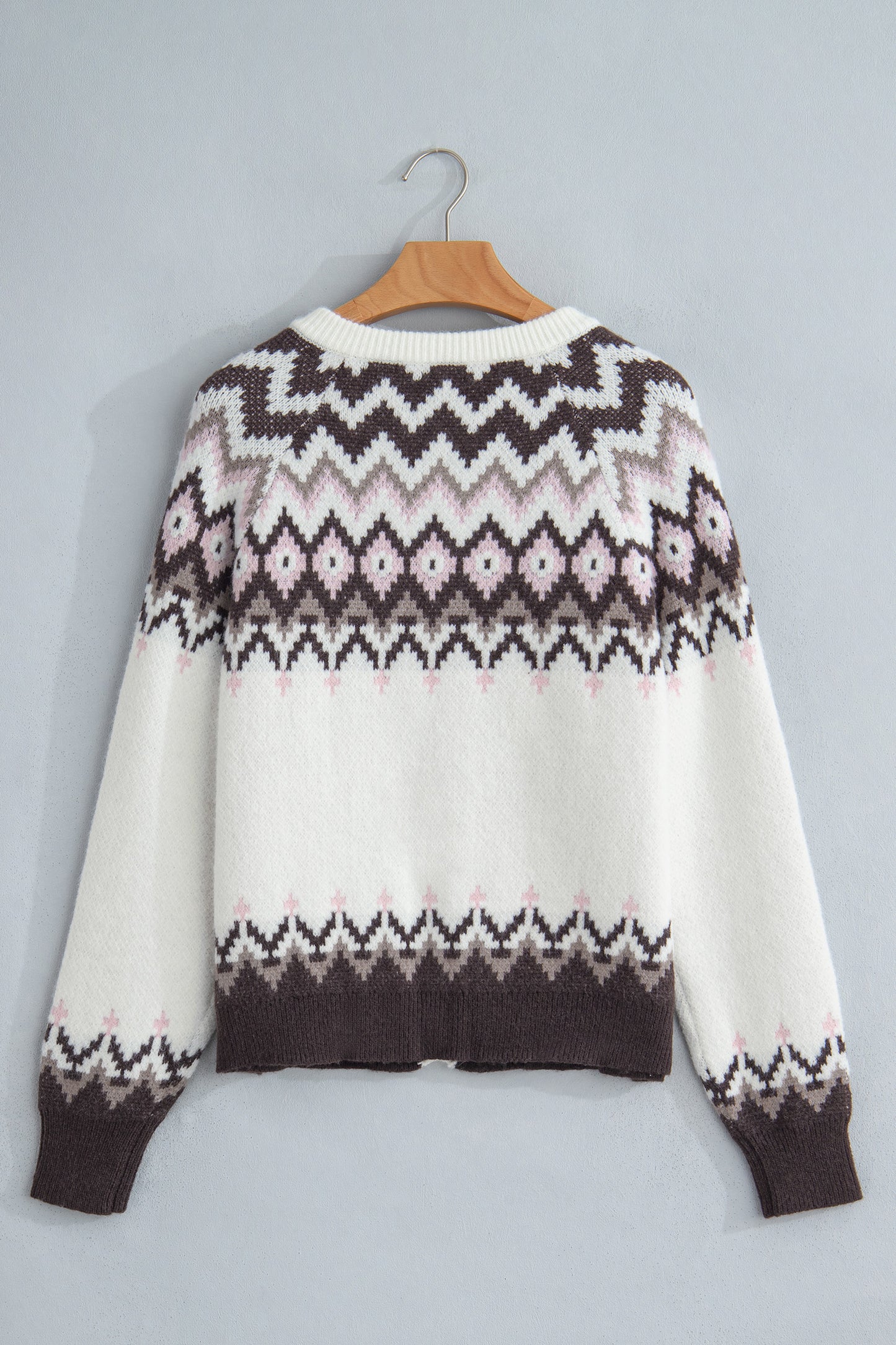 White Geometric Pattern Brushed Knit Button Cardigan