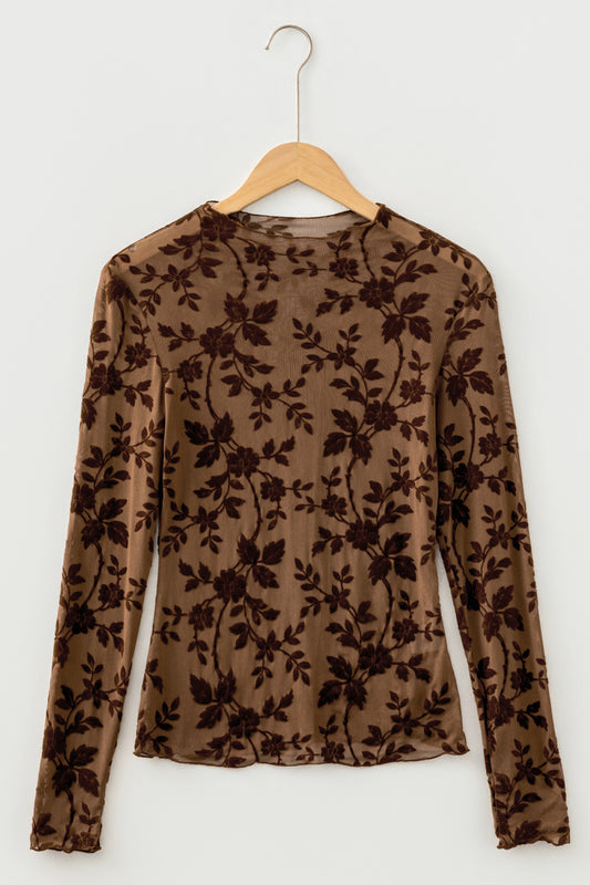 Apricot Floral Sheer Mesh Long Sleeve Top