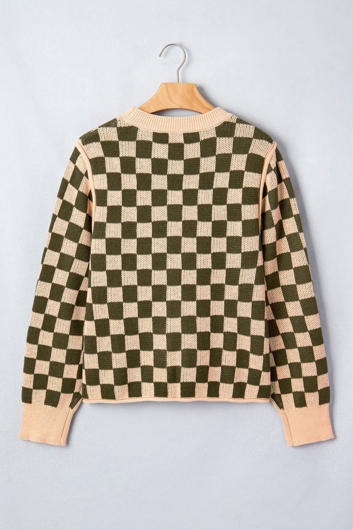 Brown Two Tone Drop-Shoulder Checkered Knit Sweater