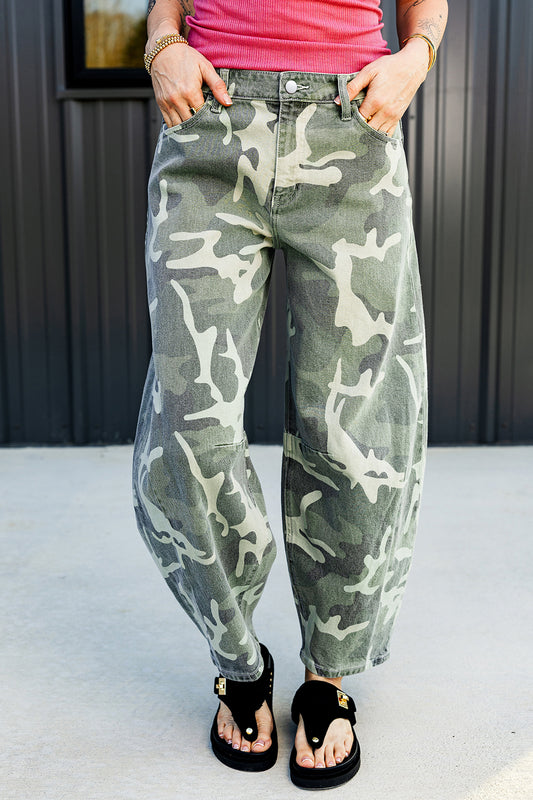 Green Camo Button Fly Straight Leg Ankle Jeans