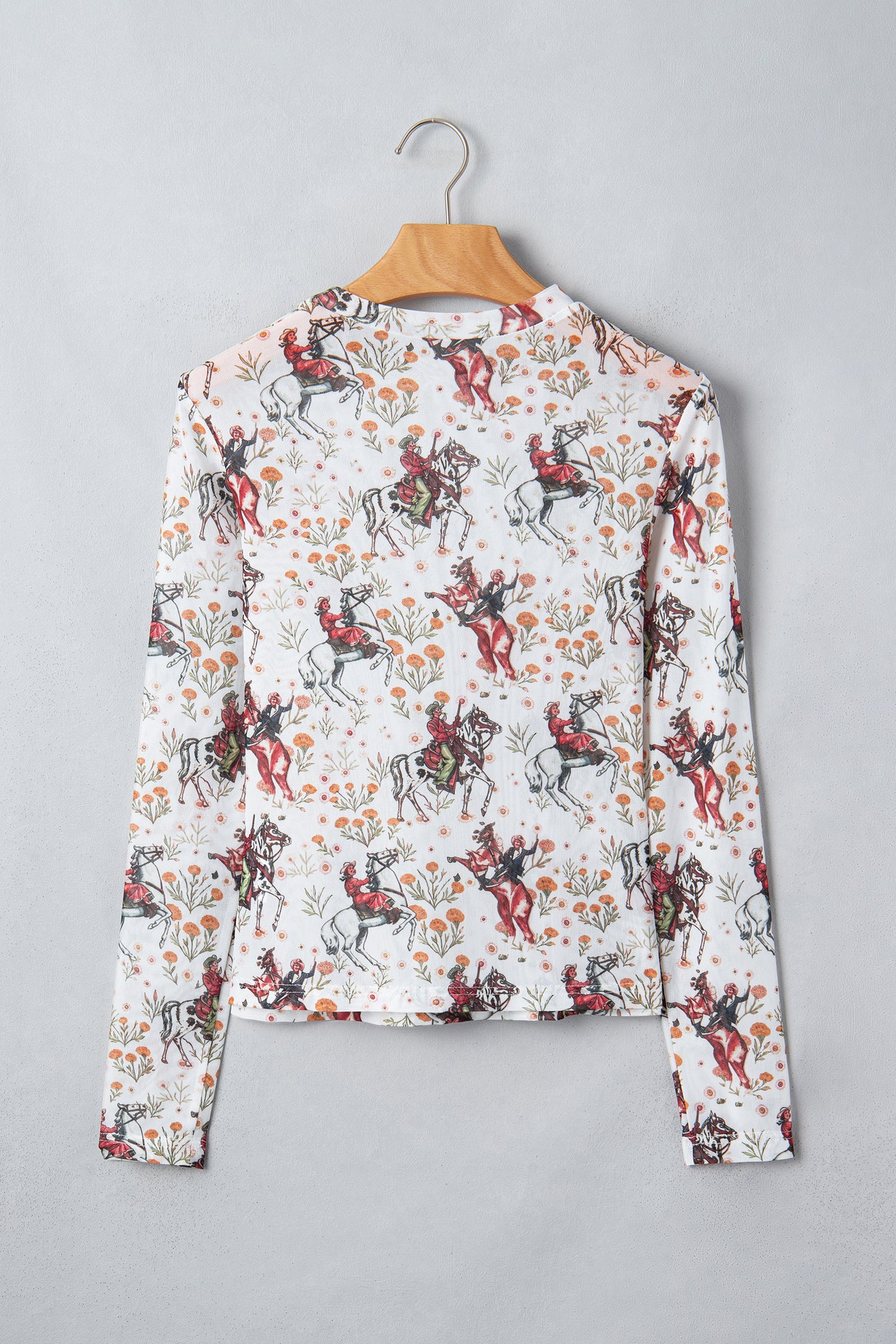 Brown or Beige  Western Cowboy & Floral Sheer Mesh Long Sleeve Top