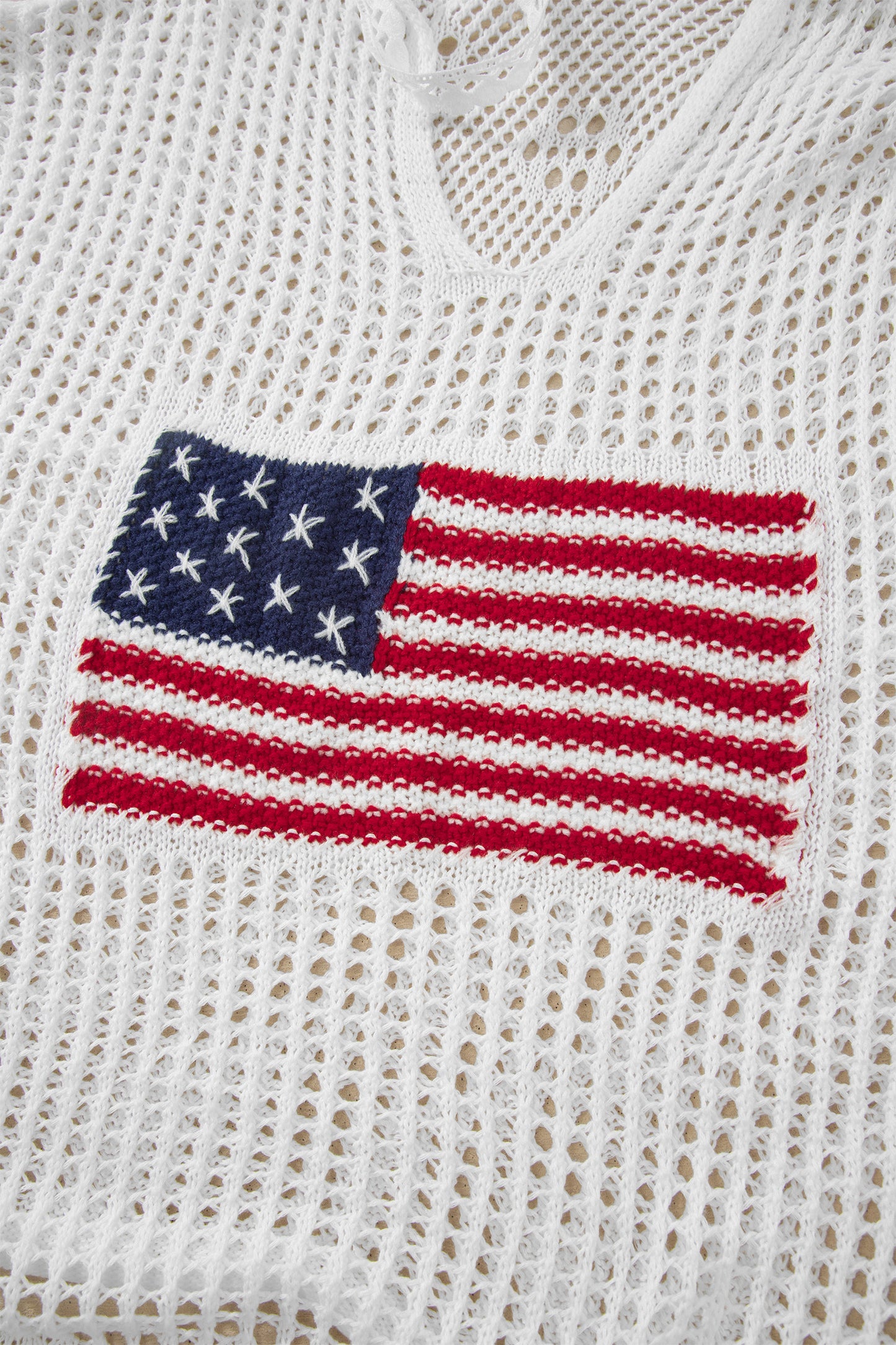 White Hollow Out Crochet Knit American Flag Patched Sweater Hoodie