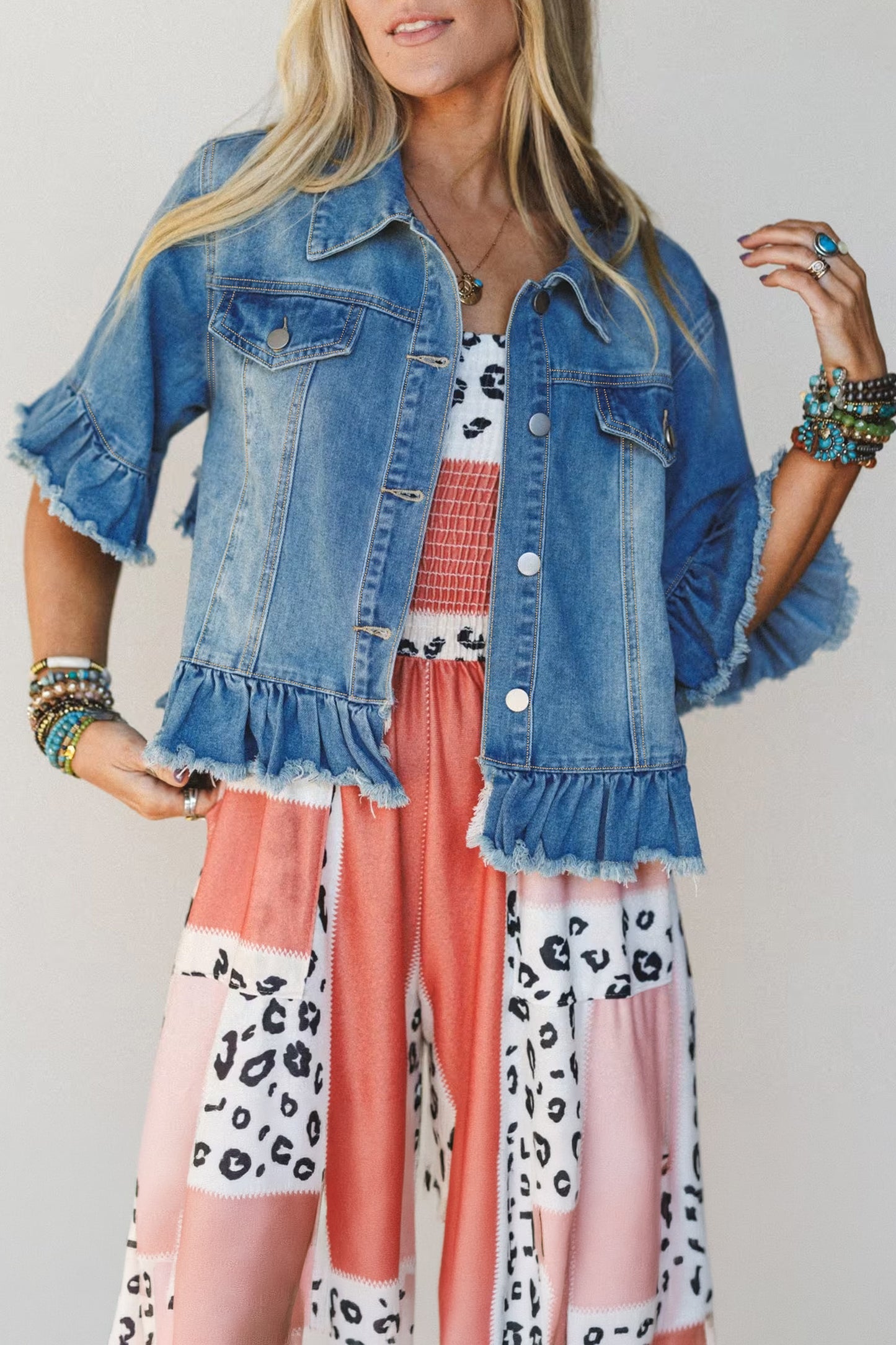 Blue Ruffle Sleeve Raw Edge Western Denim Jacket
