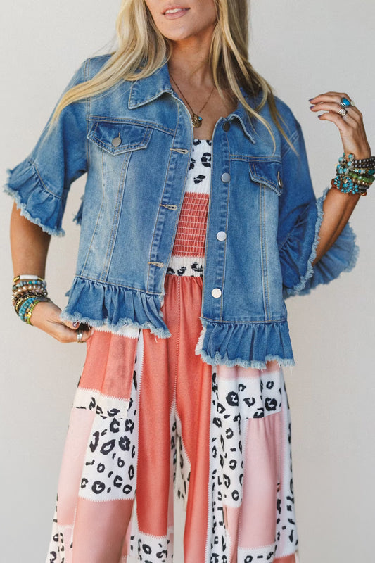 Blue Ruffle Sleeve Raw Edge Western Denim Jacket