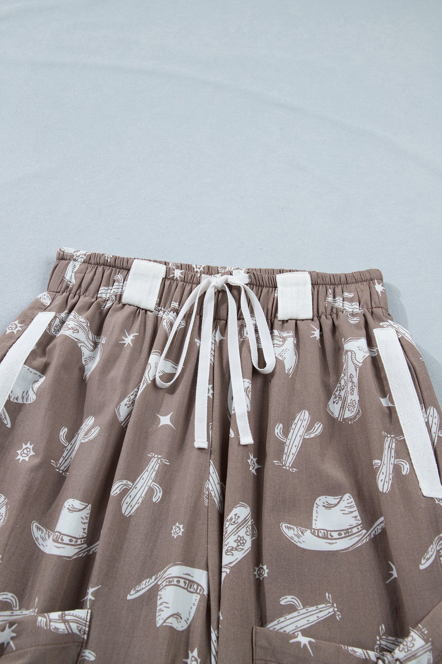 Khaki Western Print Drawstring Jogger Pants