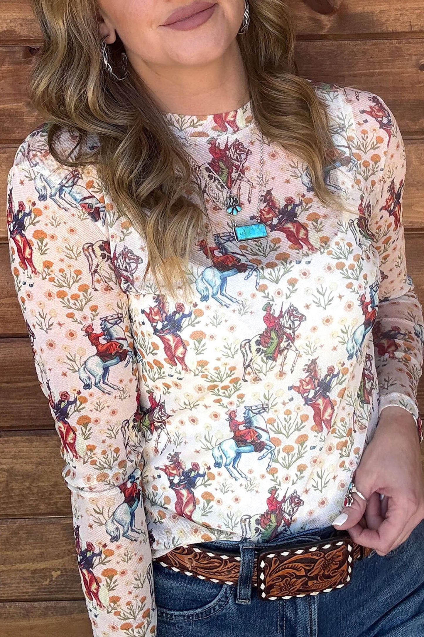 Brown or Beige  Western Cowboy & Floral Sheer Mesh Long Sleeve Top