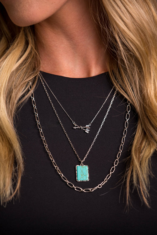 24" Layered Silver Necklace w/ Arrows & Turquoise Accents