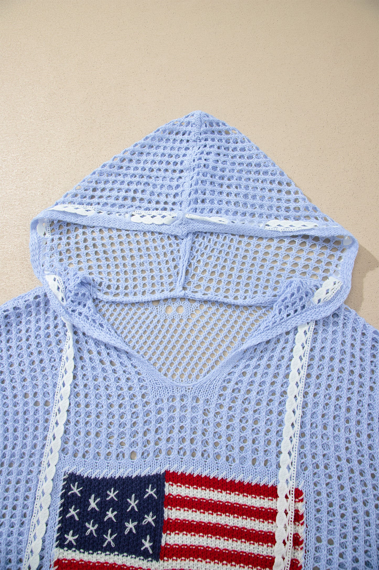 White Hollow Out Crochet Knit American Flag Patched Sweater Hoodie