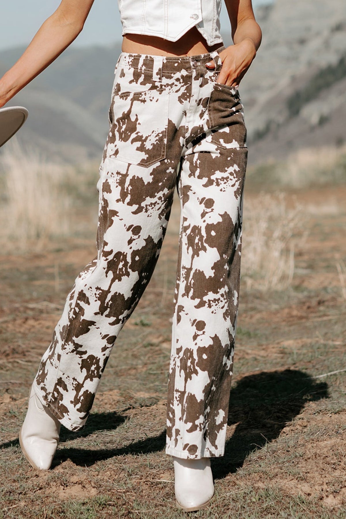 Brown Cow Print Wide Leg Western Jeans