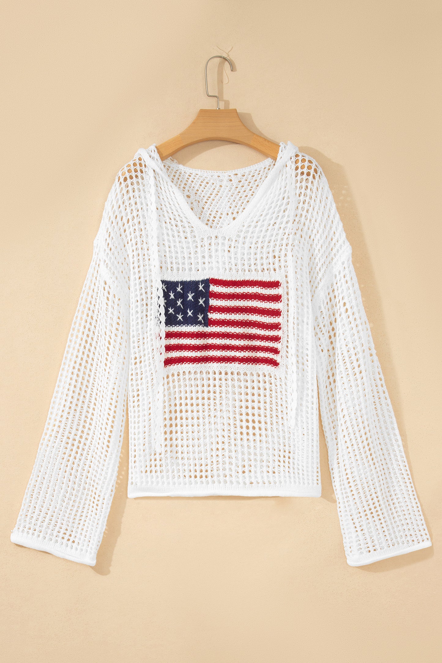 White Hollow Out Crochet Knit American Flag Patched Sweater Hoodie