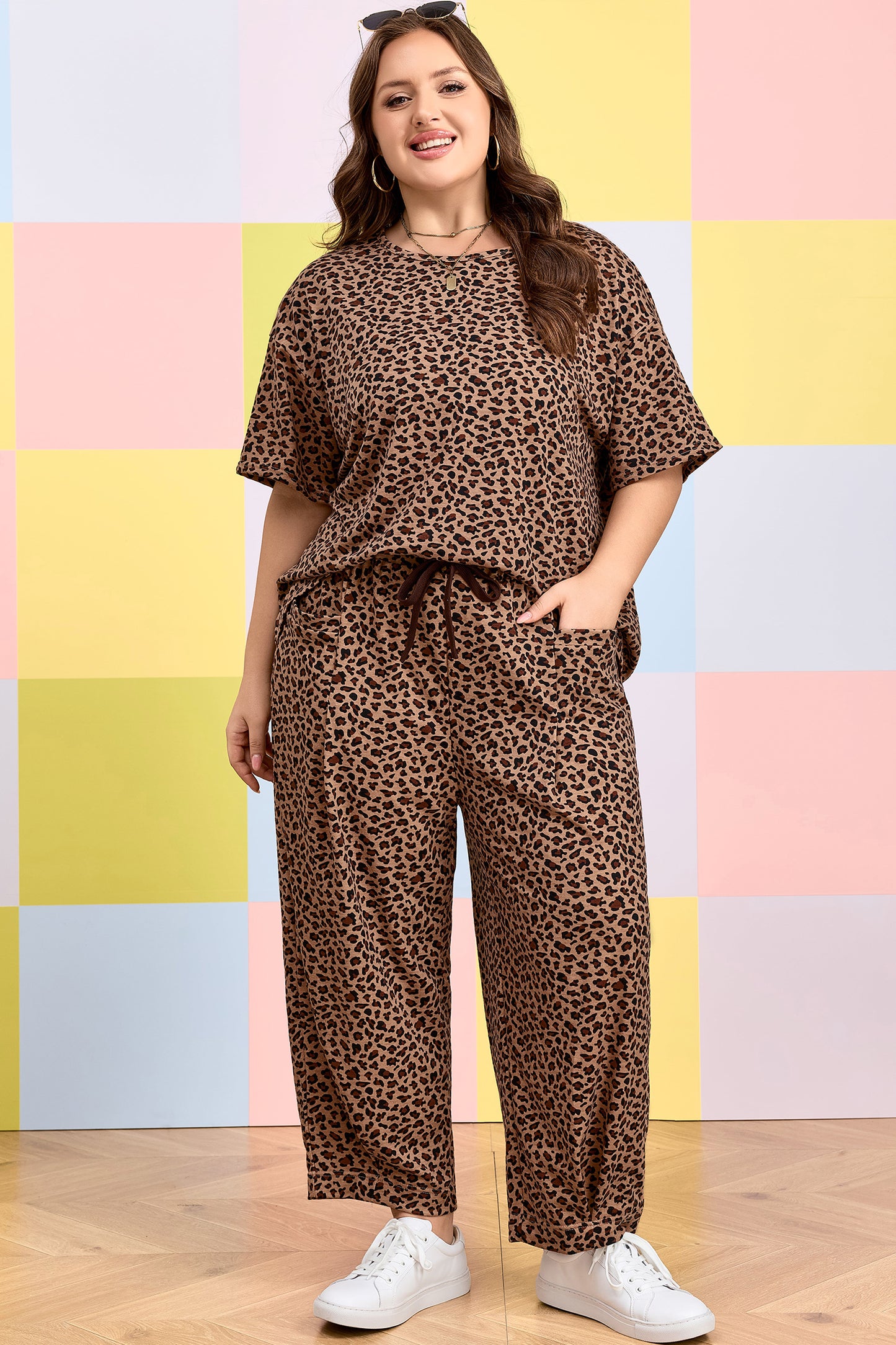 Brown Leopard Plus Size Top & Pleated Pants Set
