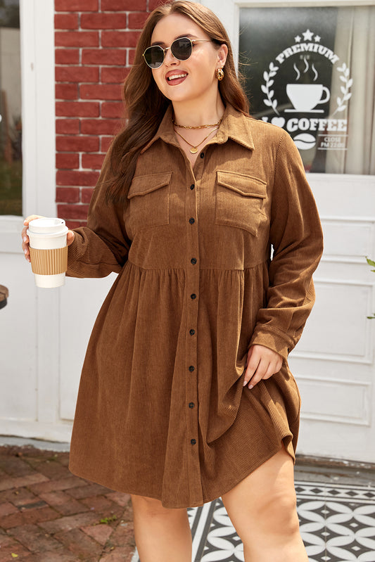Camel Corduroy Button-Front Shirt Dress