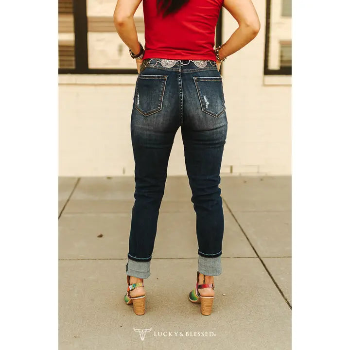 Mid Wash Tummy Control Skinny Jeans W Sequin Patch