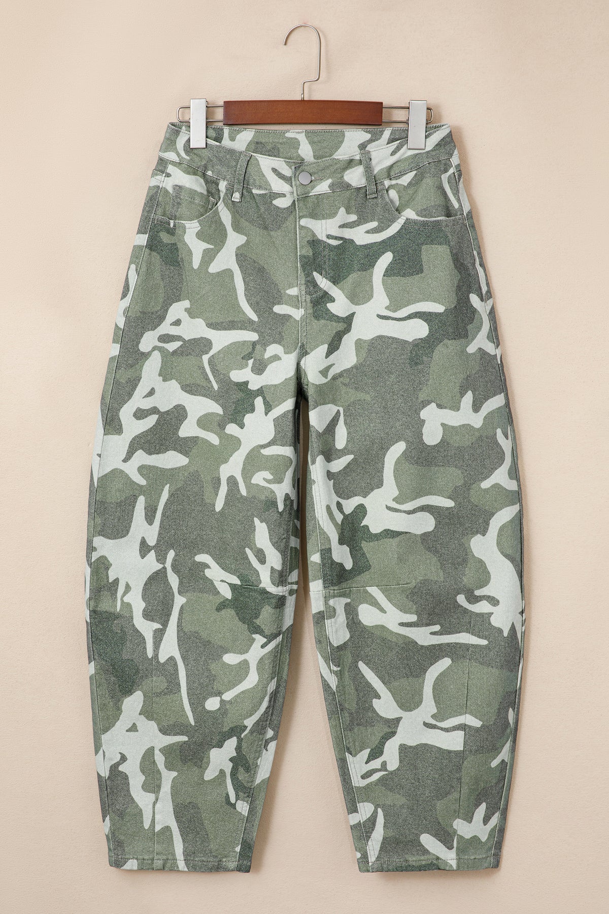 Green Camo Button Fly Straight Leg Ankle Jeans