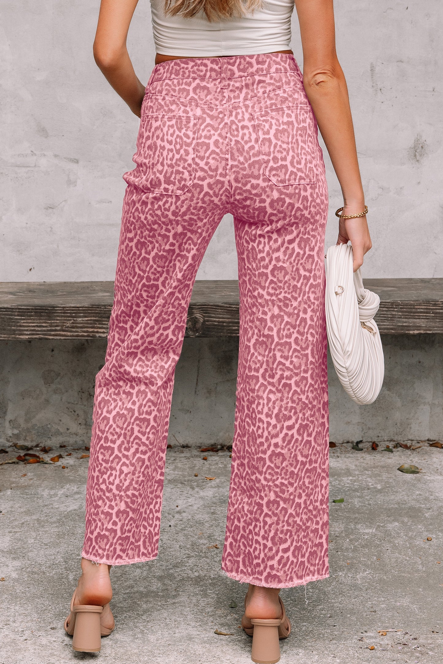 Leopard Frayed Wide Leg Jeans Multiple Colors