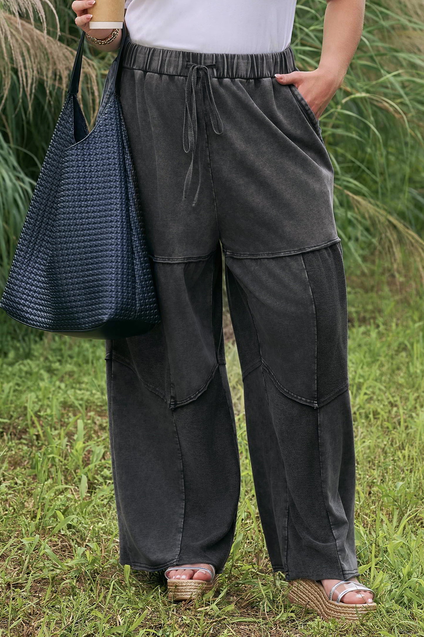 Black Mineral Wash Exposed Seam Drawstring Loose Pants 1X–4X