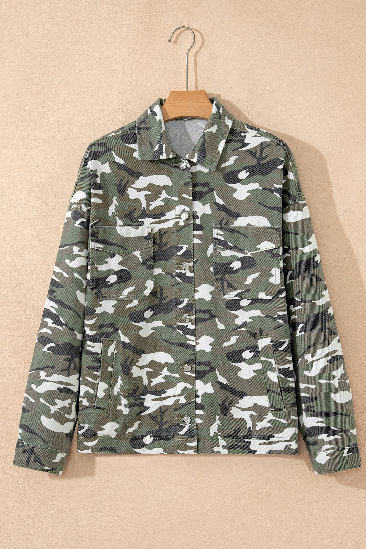 Women’s Green Camo Loose Fit Jean Jacket with Chest Pockets