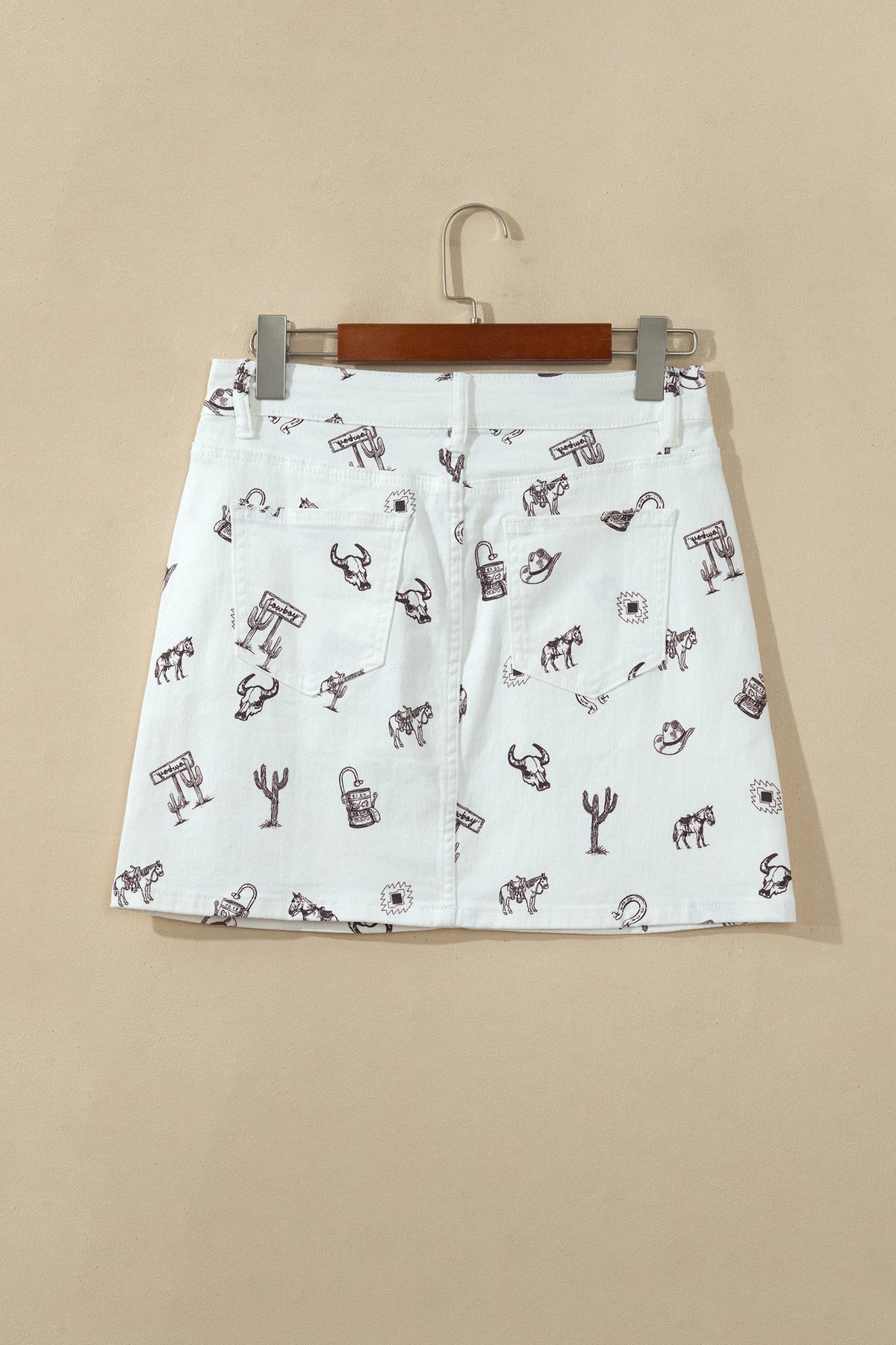 White Western Cactus, Horse & Bull Denim Skirt