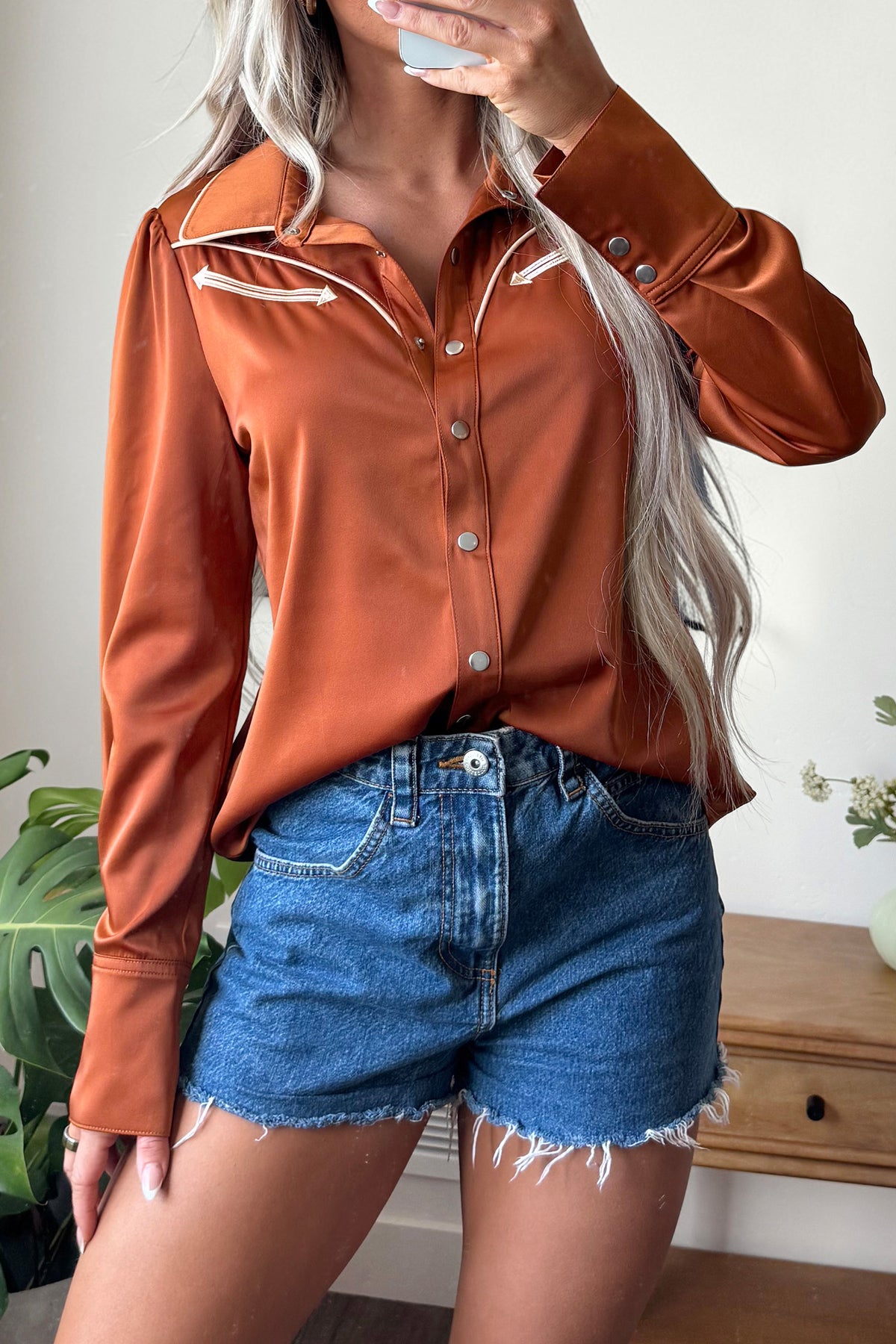 Cinnamon Silky Western Yoke Button-Front Shirt