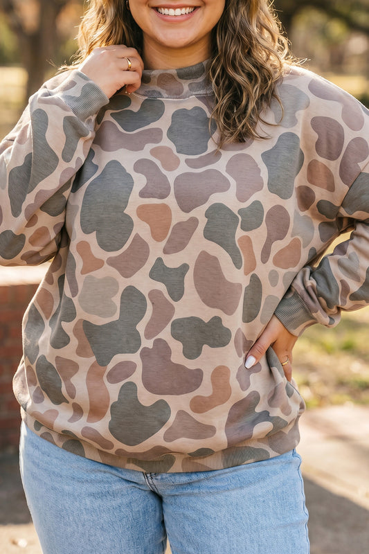 Multicolor Camo Print Oversized Mock Neck Sweatshirt 1X–4X