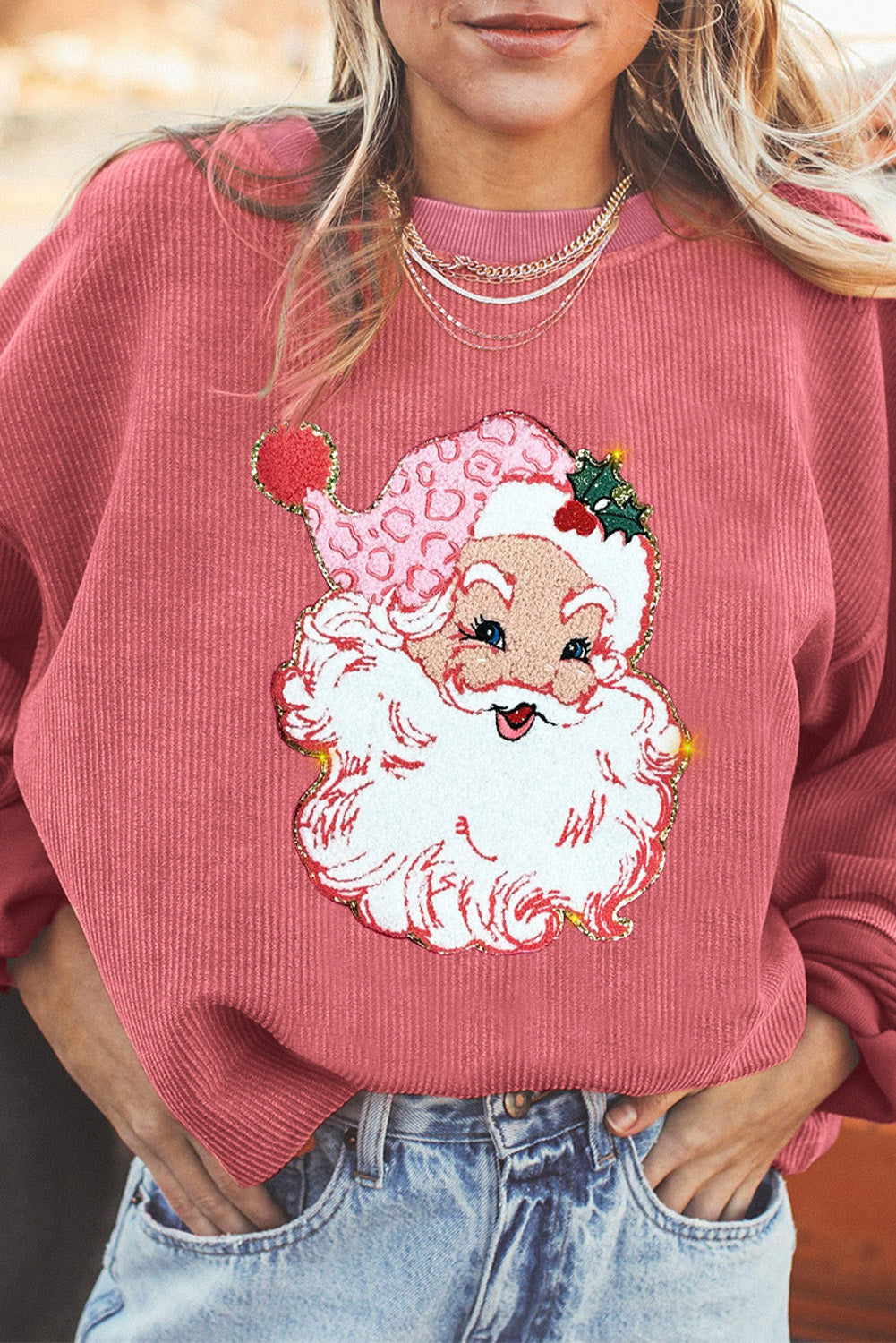 Strawberry Pink Santa Claus Sparkle Corded Crew Neck
