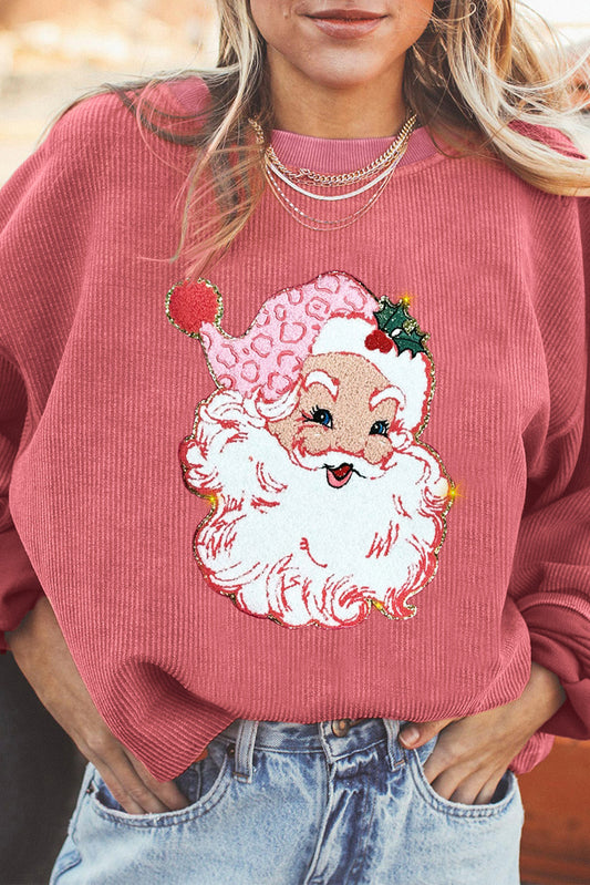 Strawberry Pink Santa Claus Sparkle Corded Crew Neck