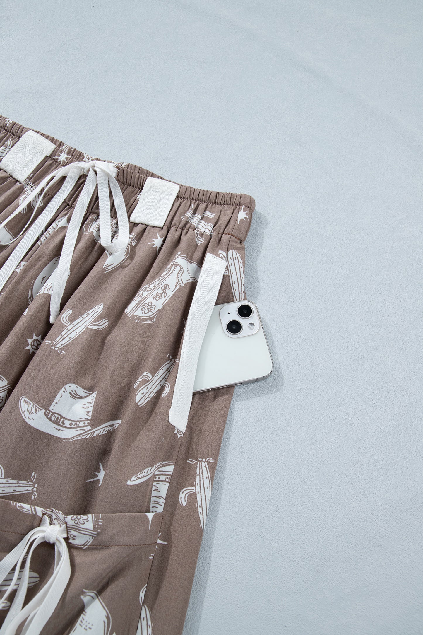 Khaki Western Print Drawstring Jogger Pants