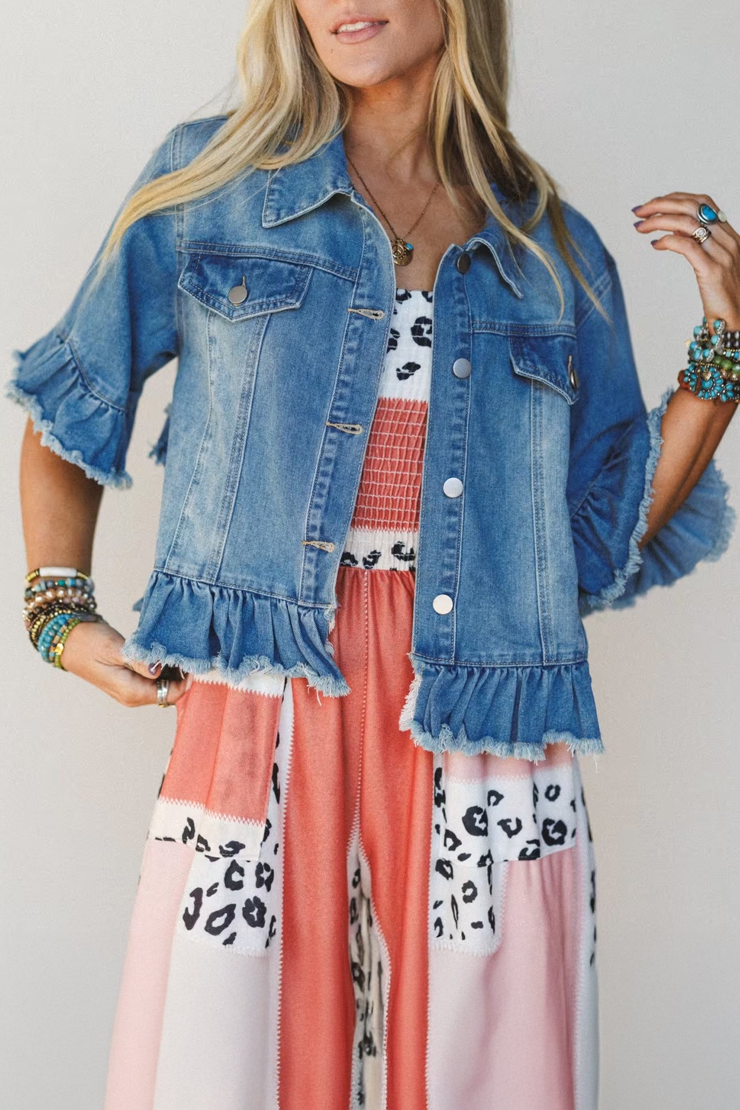 Blue Ruffle Hem Raw Edge Half Sleeve Western Denim Jacket