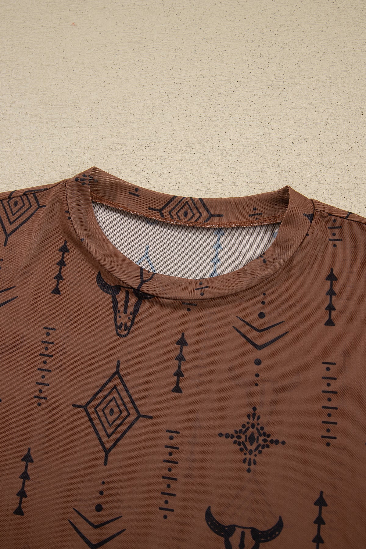 Western Print Sheer Mesh Long Sleeve Top