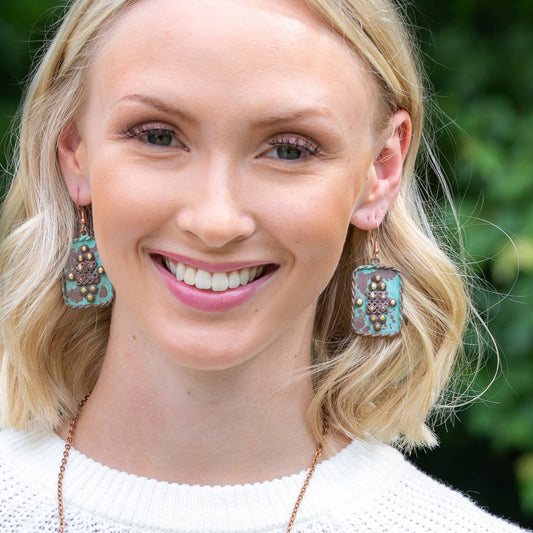 Copper Patina Earrings - Rivets in Turquoise Rectangle