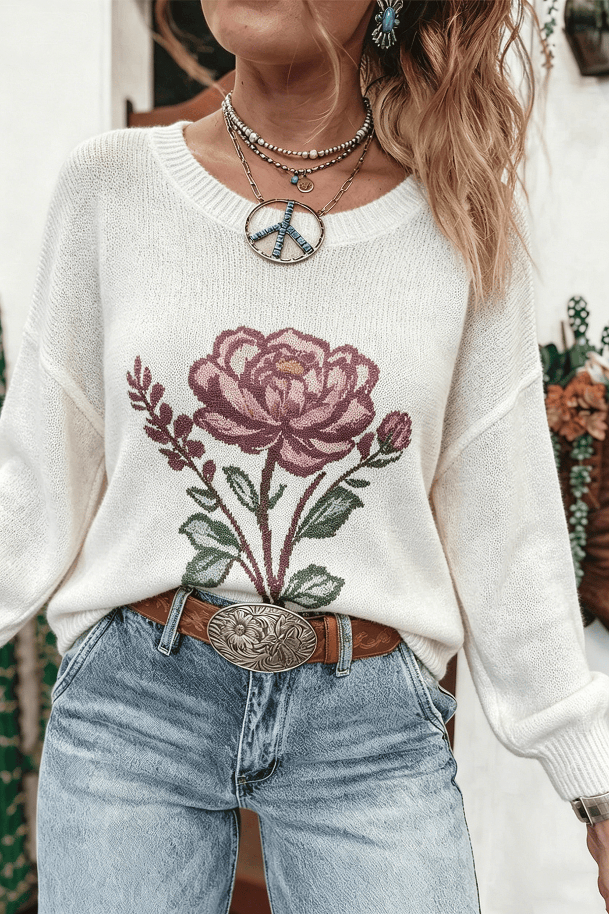 White Western Floral Lightweight Knit Sweater