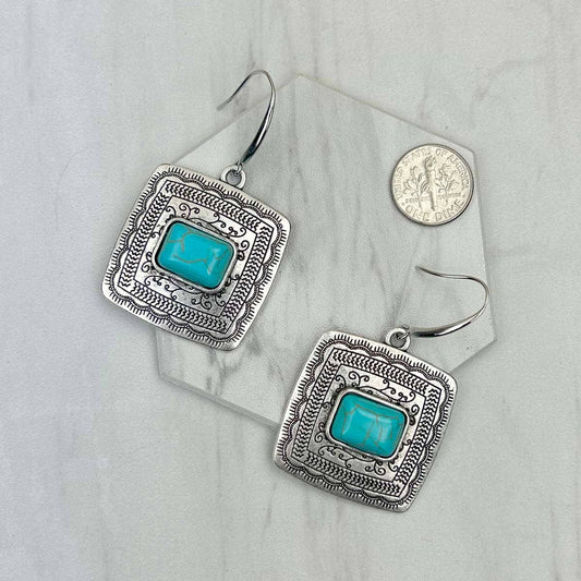 Silver Circle Earrings with Blue Turquoise Stone Beads