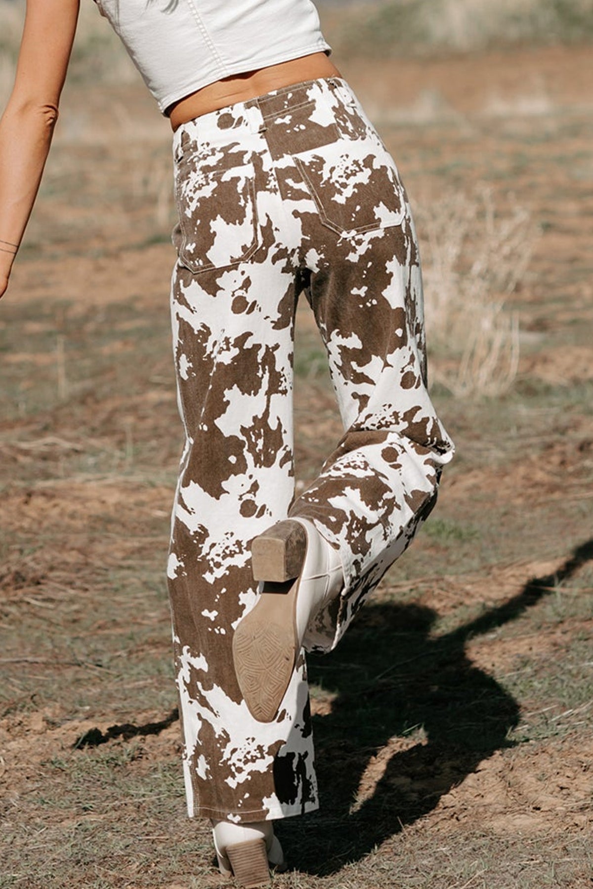 Brown Cow Print Wide Leg Western Jeans