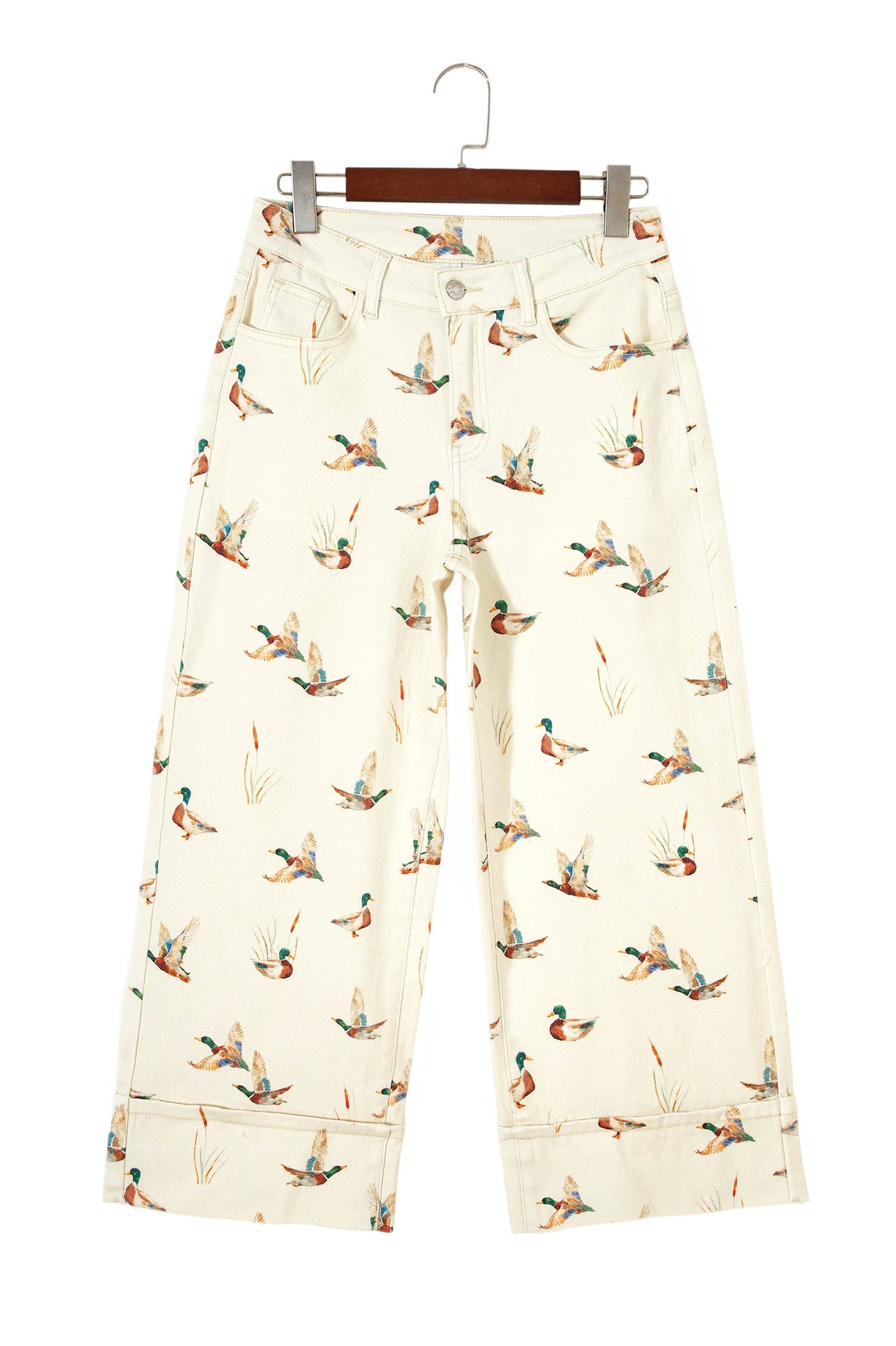 Beige Mallard Printed Cuffed Hem Jeans
