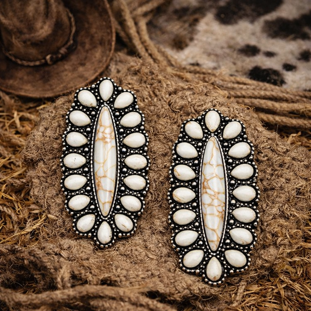 Silver Oval Concho Post Dangle Earrings with White Stones