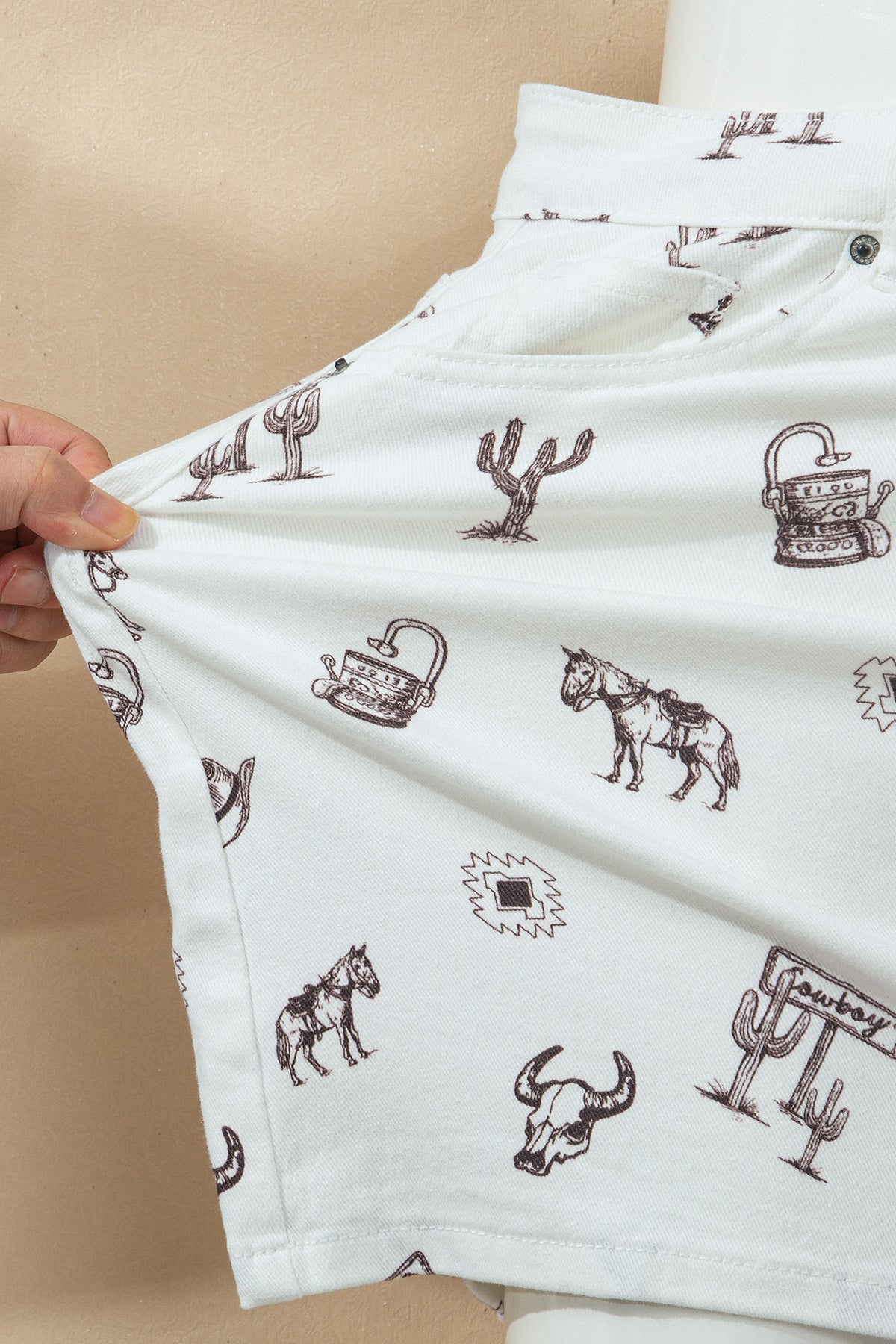 White Western Cactus, Horse & Bull Denim Skirt