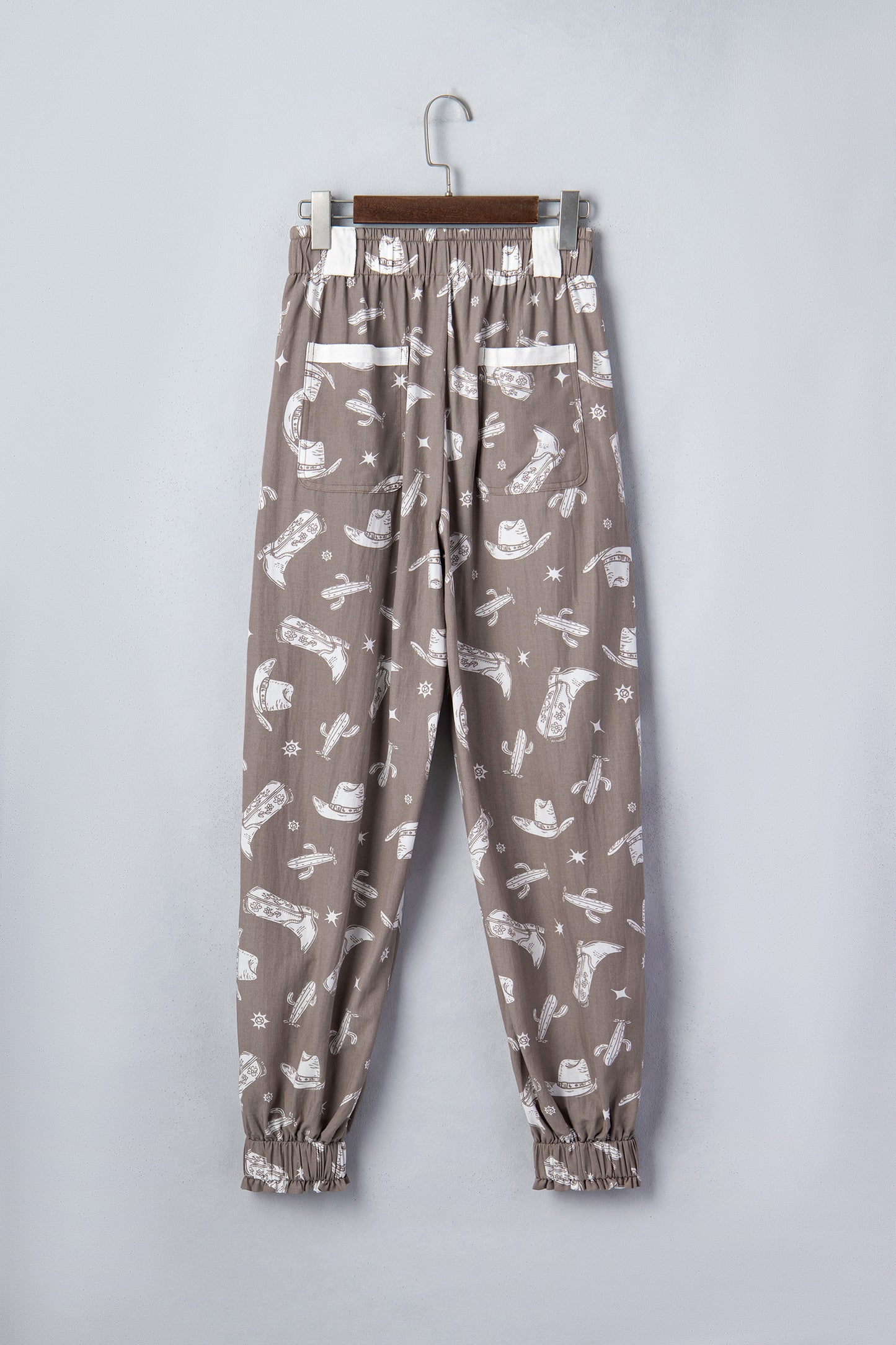 Khaki Western Print Drawstring Jogger Pants