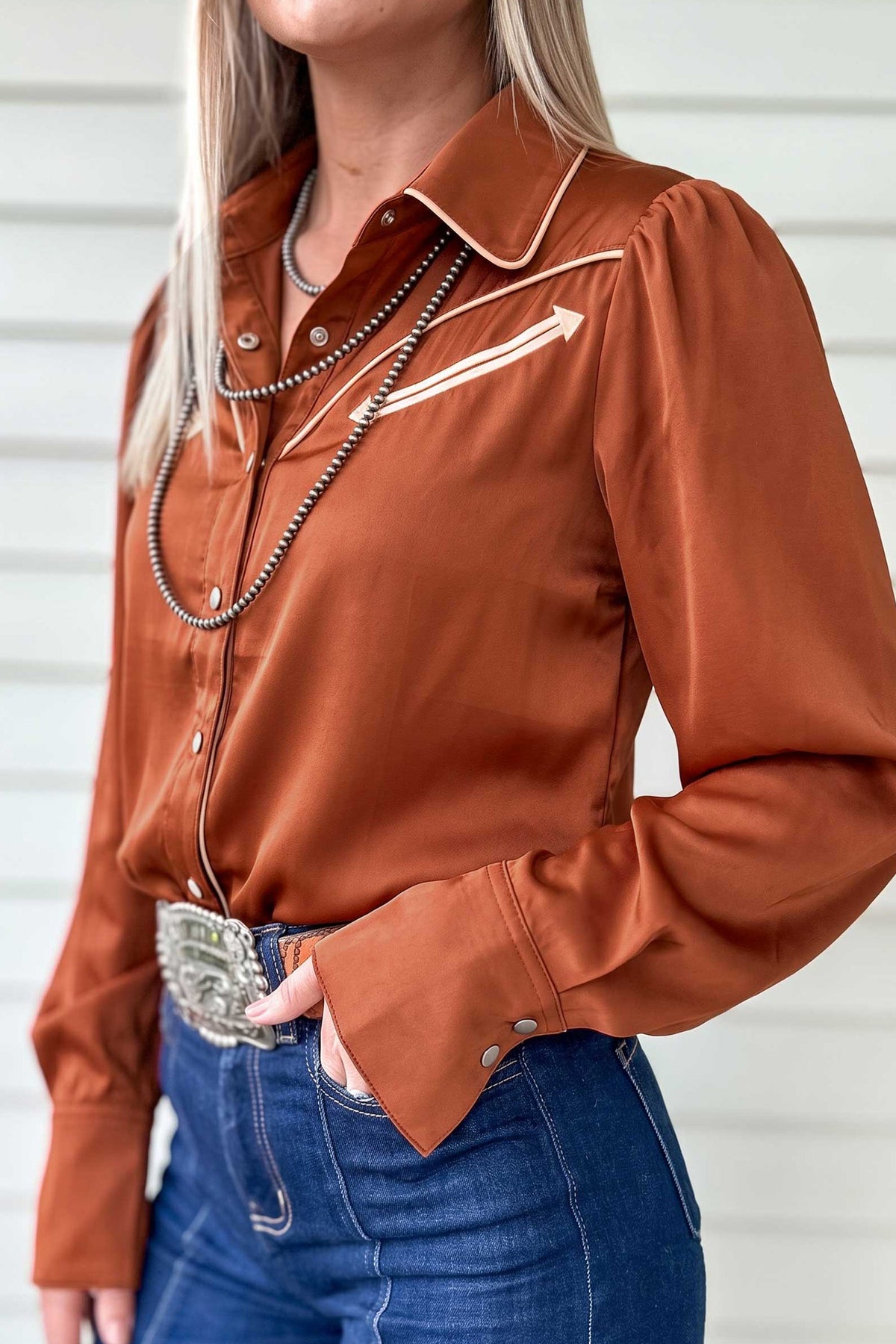 Cinnamon Silky Western Yoke Button-Front Shirt