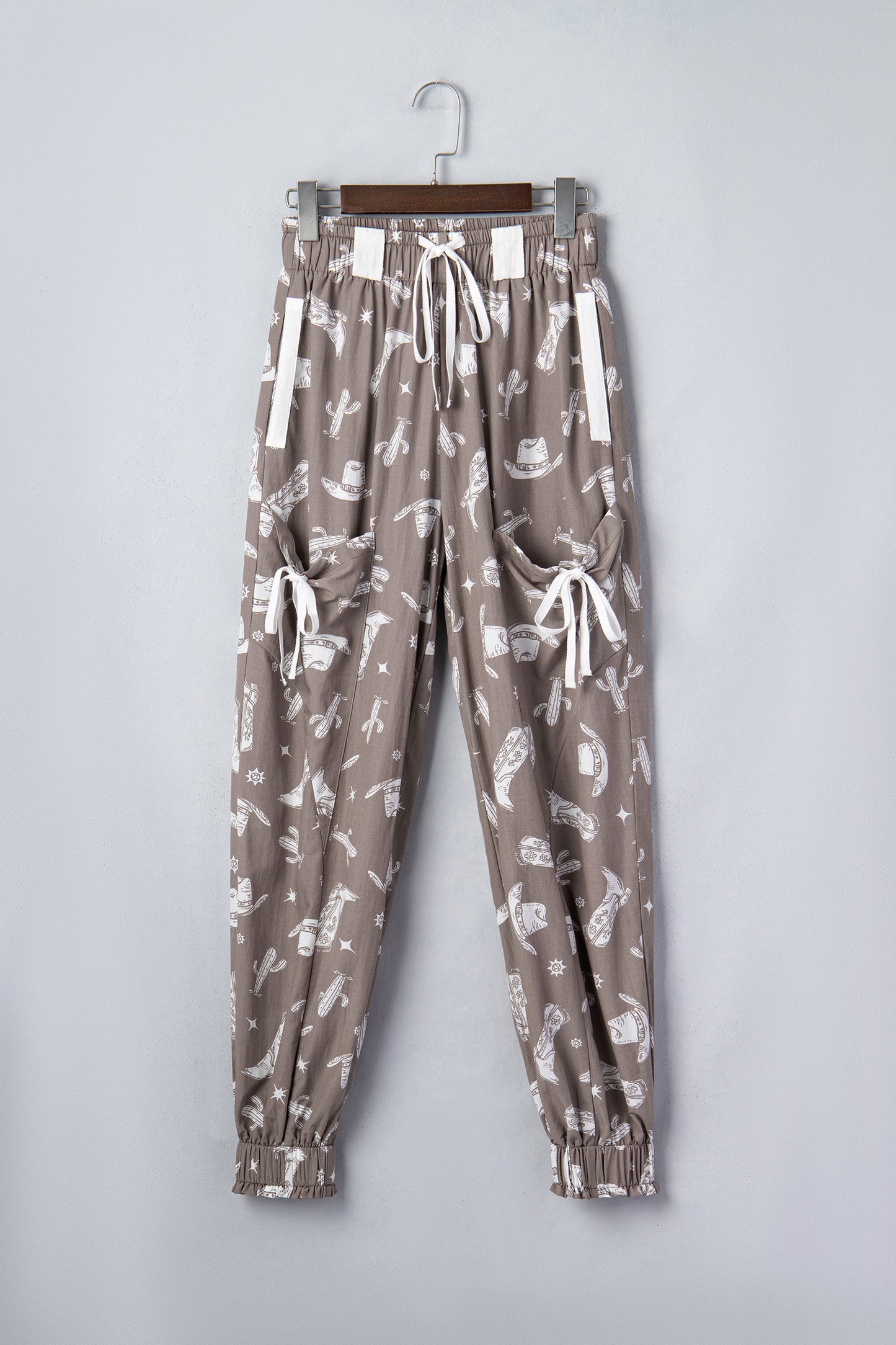 Khaki Western Print Drawstring Jogger Pants