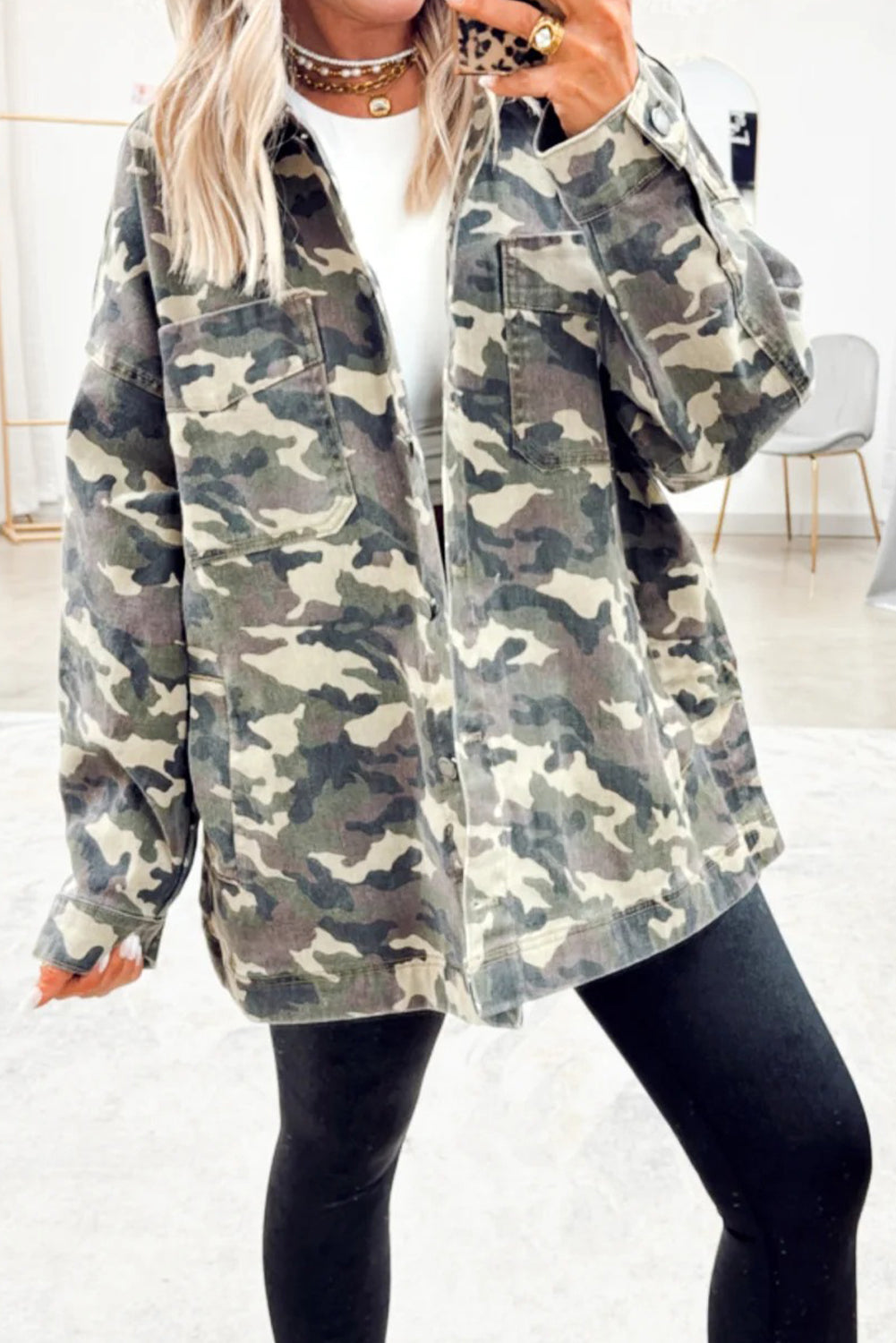 Women’s Green Camo Loose Fit Jean Jacket with Chest Pockets