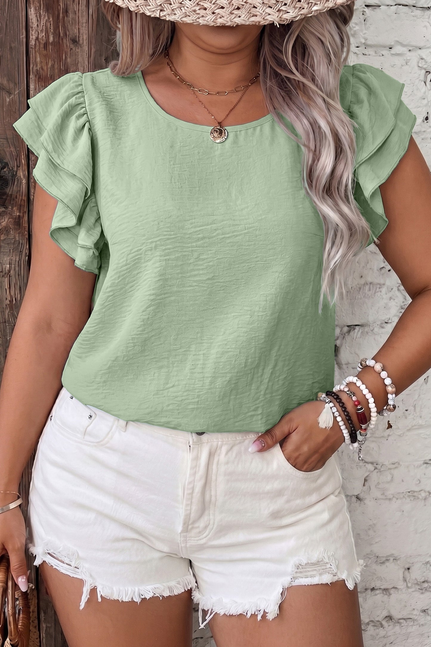 Clearly Aqua Ruffle Sleeve Relaxed Crew Neck Top 1X–4X