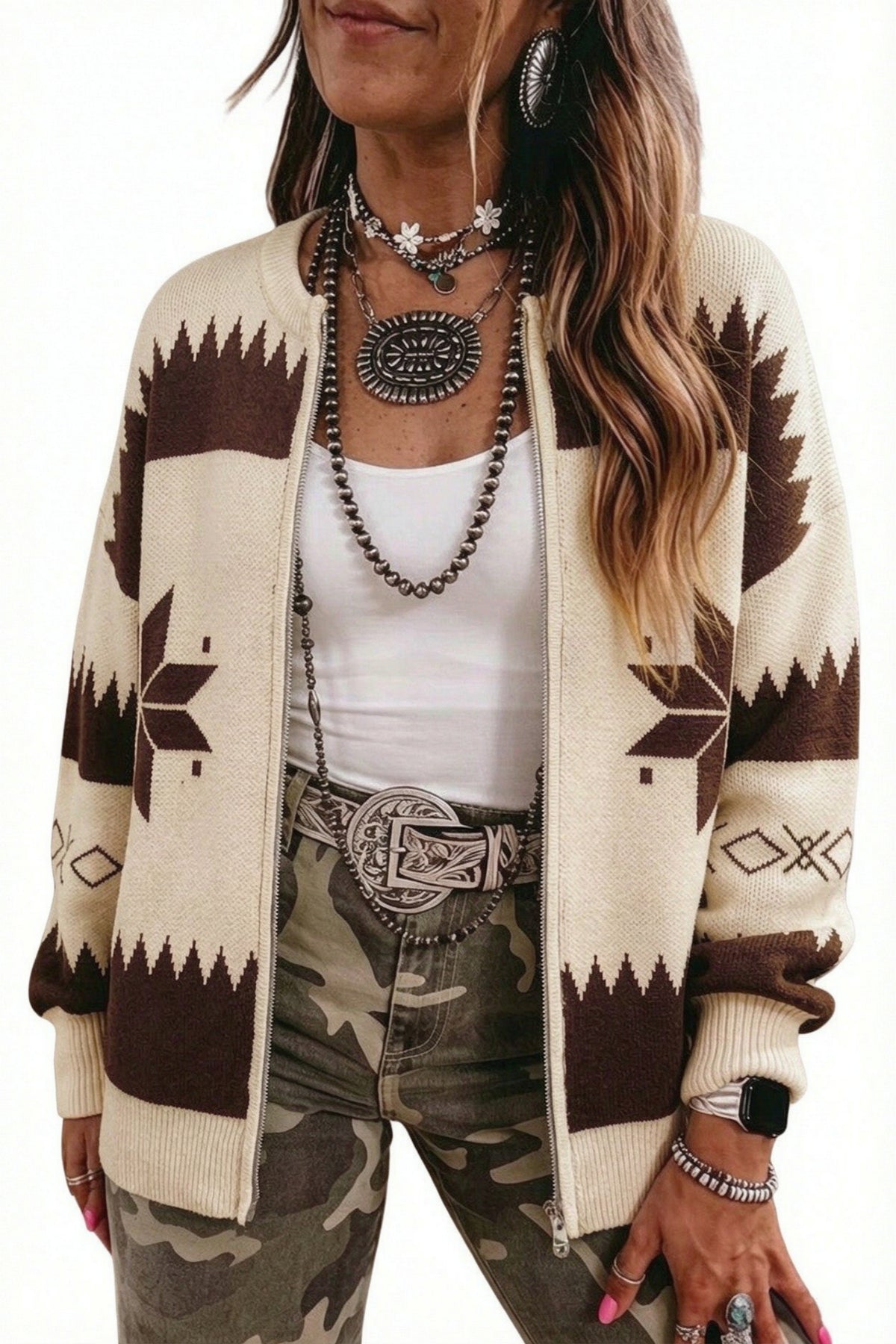 Beige Western Geometric Zip-Front Sweater Cardigan — S–XL