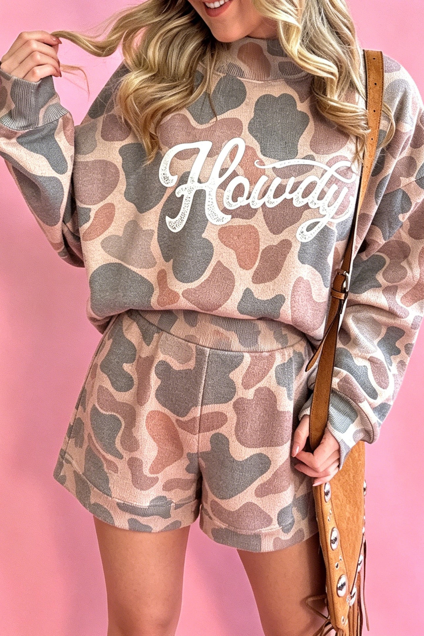 Khaki Camo Howdy Camo High Neck Top & Shorts Set