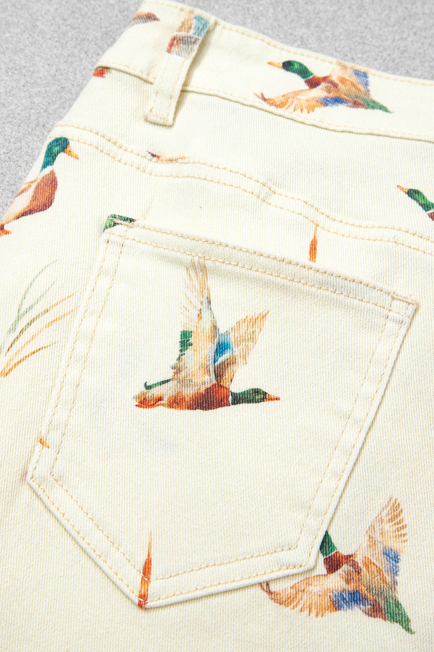 Beige Mallard Printed Cuffed Hem Jeans