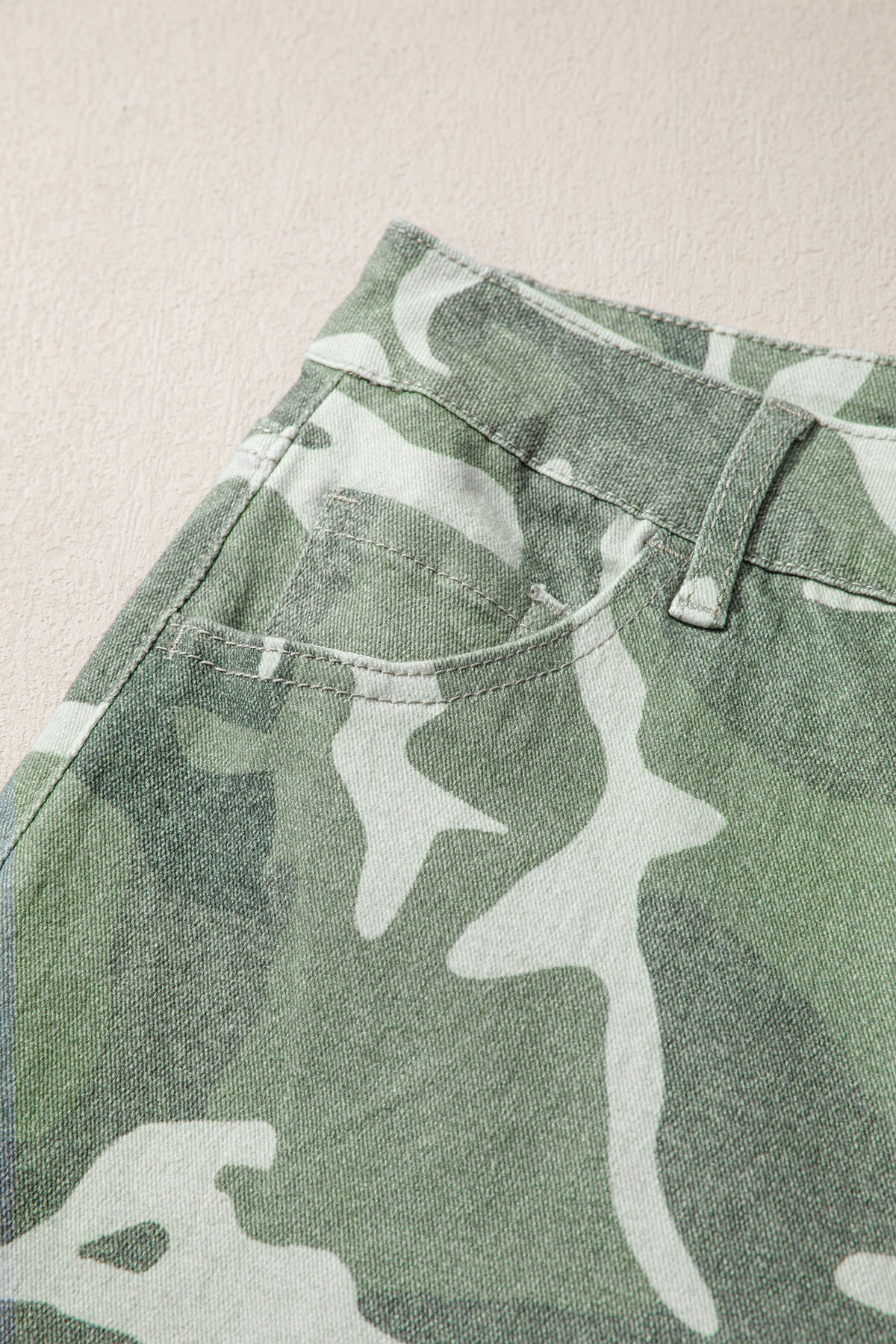 Green Camo Button Fly Straight Leg Ankle Jeans