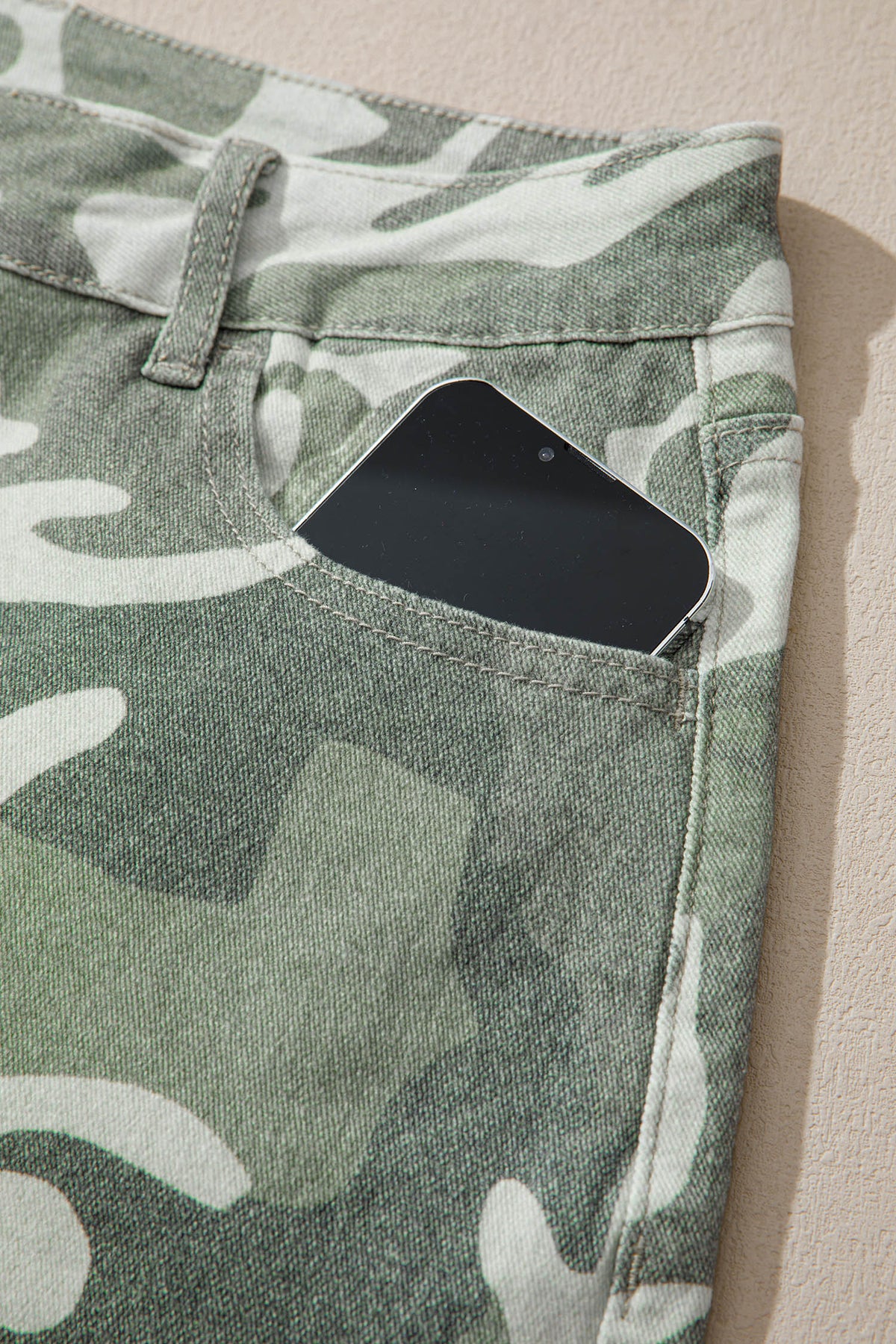 Green Camo Button Fly Straight Leg Ankle Jeans