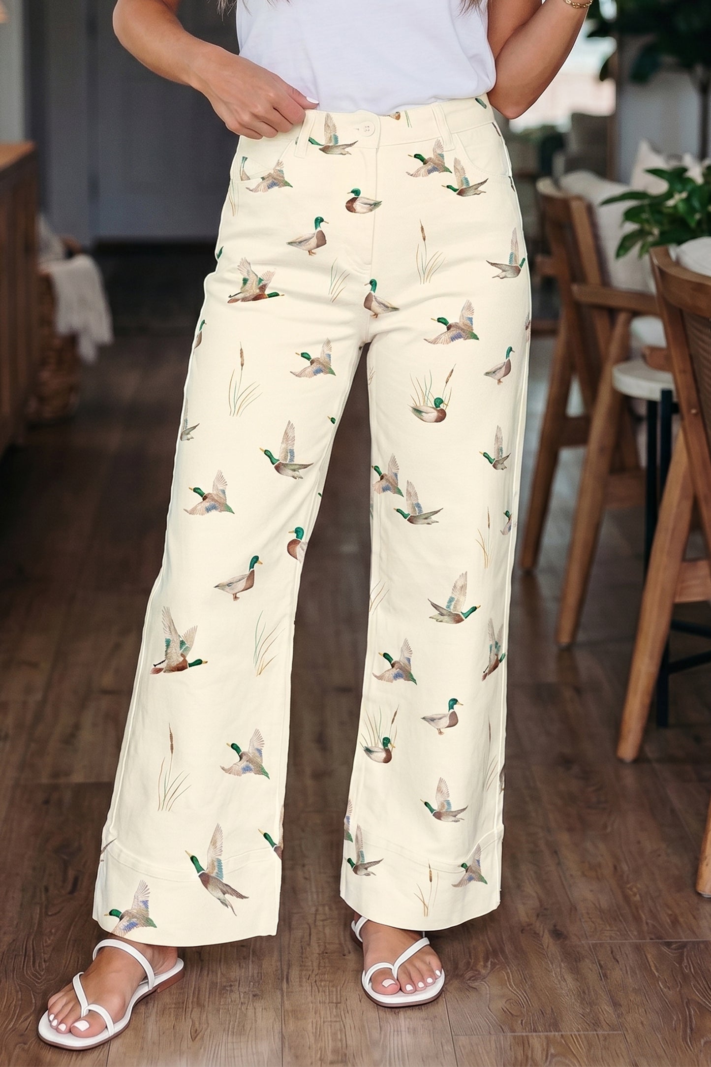 Beige Mallard Printed Cuffed Hem Jeans