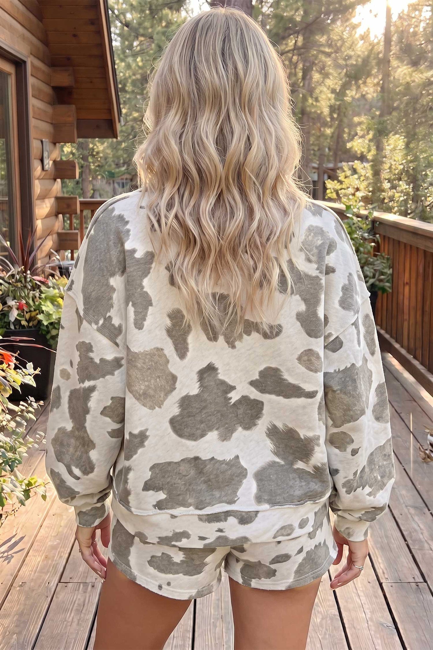 Gray Cow Print Western Raw Hem 2-Piece Shorts Set