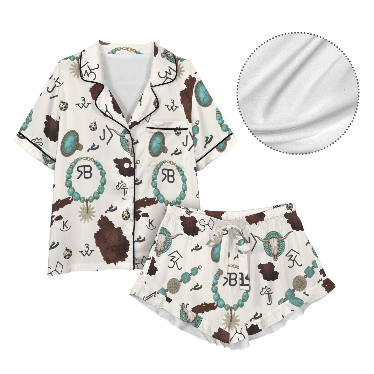 Baha Ranch Brands and Turquoise Western Satin   Short Pajama Set